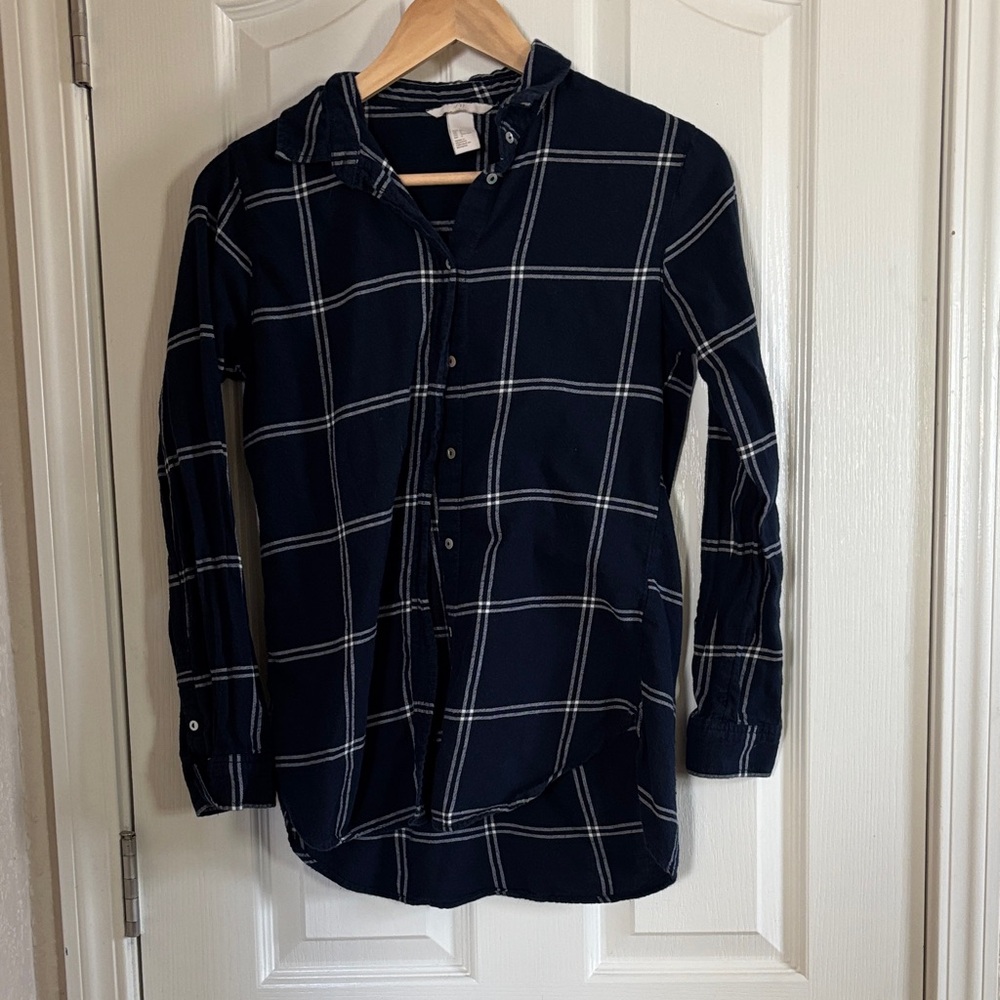 H&M Navy and White Plaid Long Sleeve Shirt